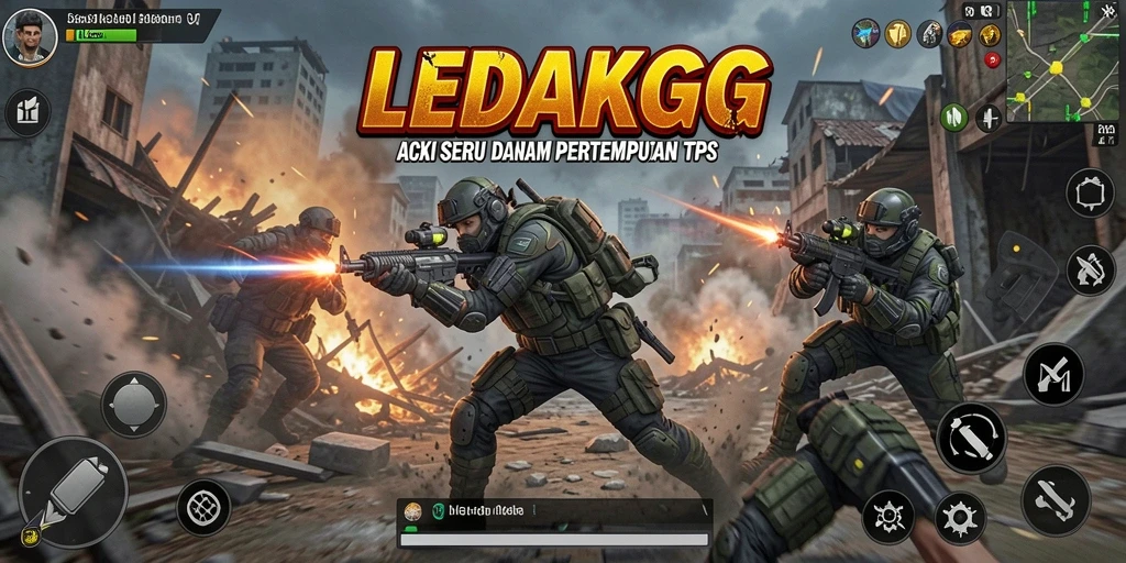 Tampilan gameplay LEDAKGG dalam pertempuran TPS yang mendebarkan.